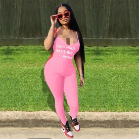 Adogirl Thou Shall Not Try Me Letters Print Spaghetti Straps Cotton Jumpsuit Women Sexy Casual Camisole Romper Stretchy Overalls M S2115671
