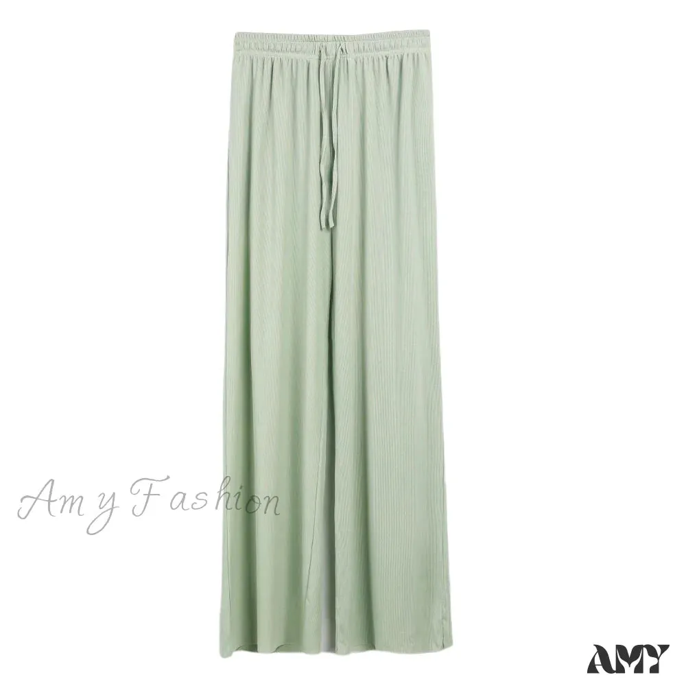 Amy Fashion - New Ladies Ice Silk Light Wide Leg Trousers