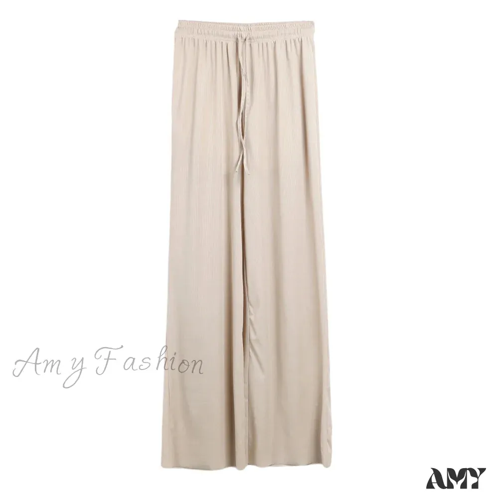 Amy Fashion - New Ladies Ice Silk Light Wide Leg Trousers