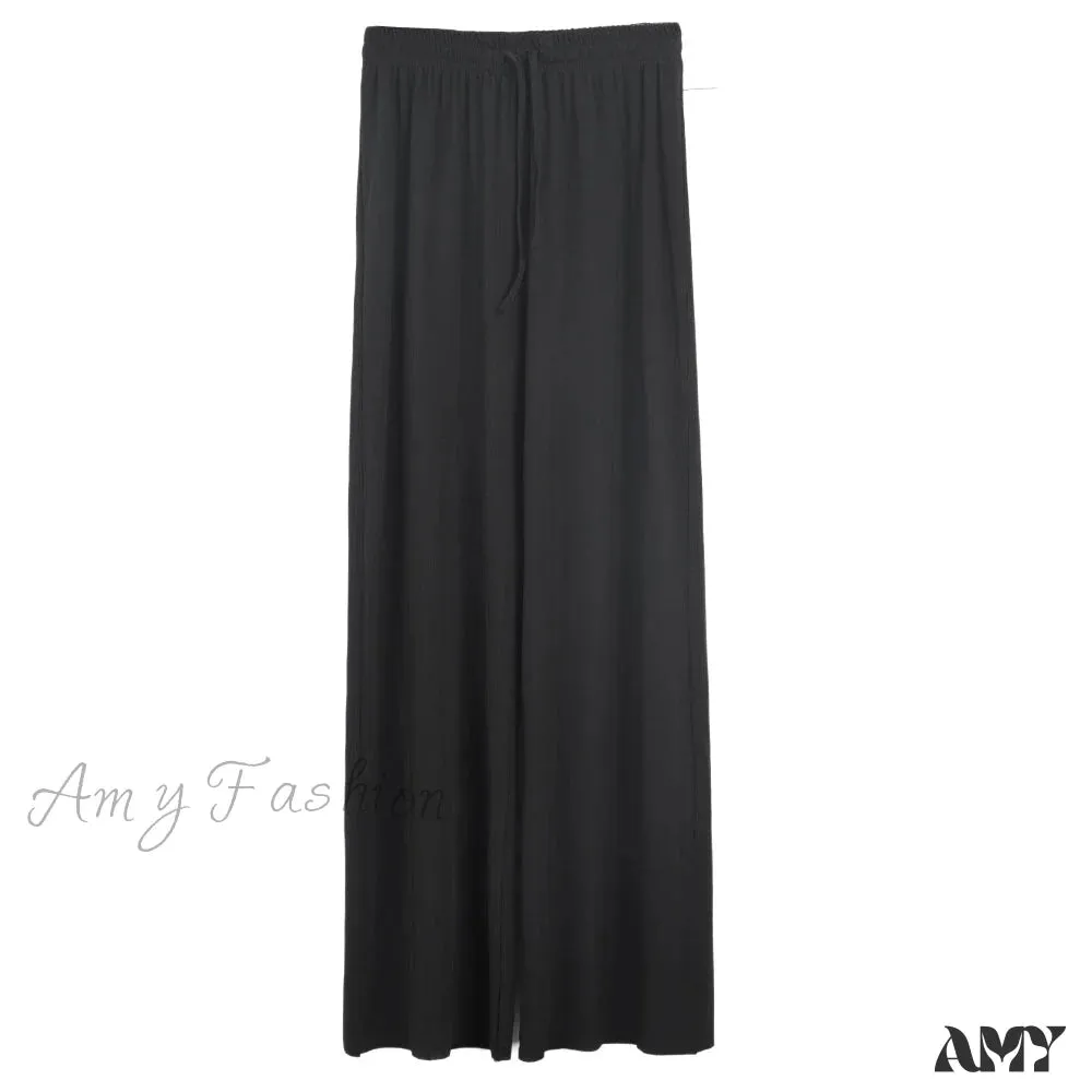 Amy Fashion - New Ladies Ice Silk Light Wide Leg Trousers