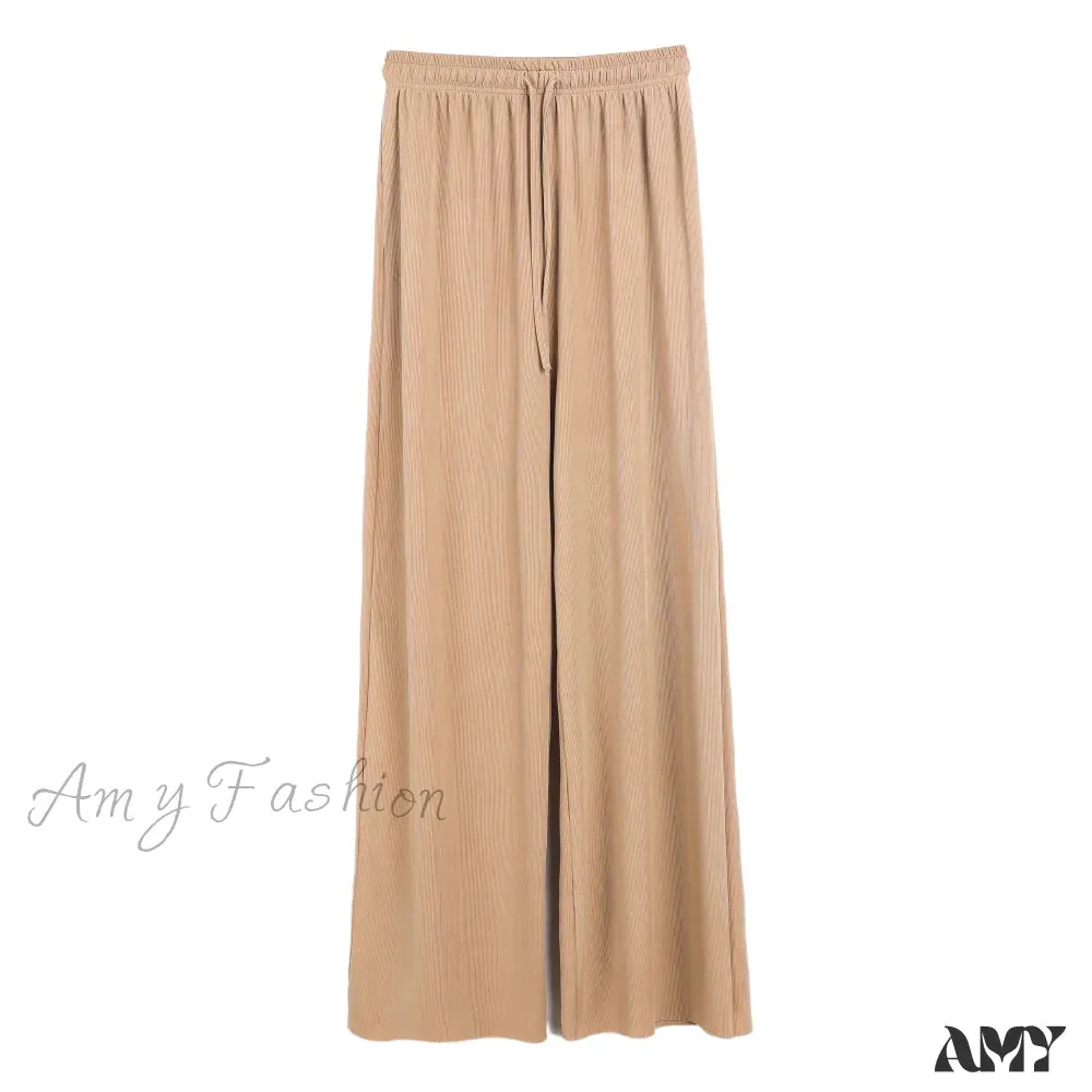 Amy Fashion - New Ladies Ice Silk Light Wide Leg Trousers