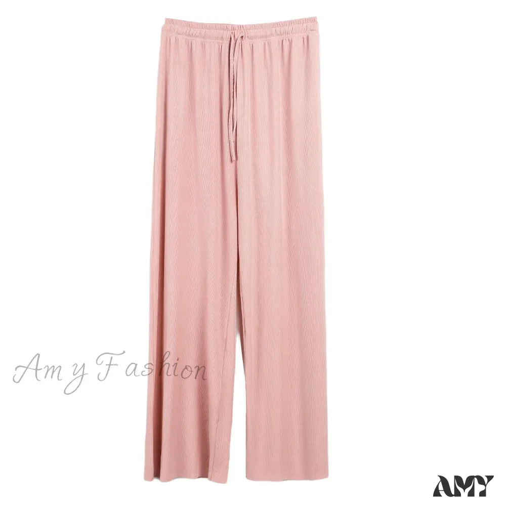 Amy Fashion - New Ladies Ice Silk Light Wide Leg Trousers