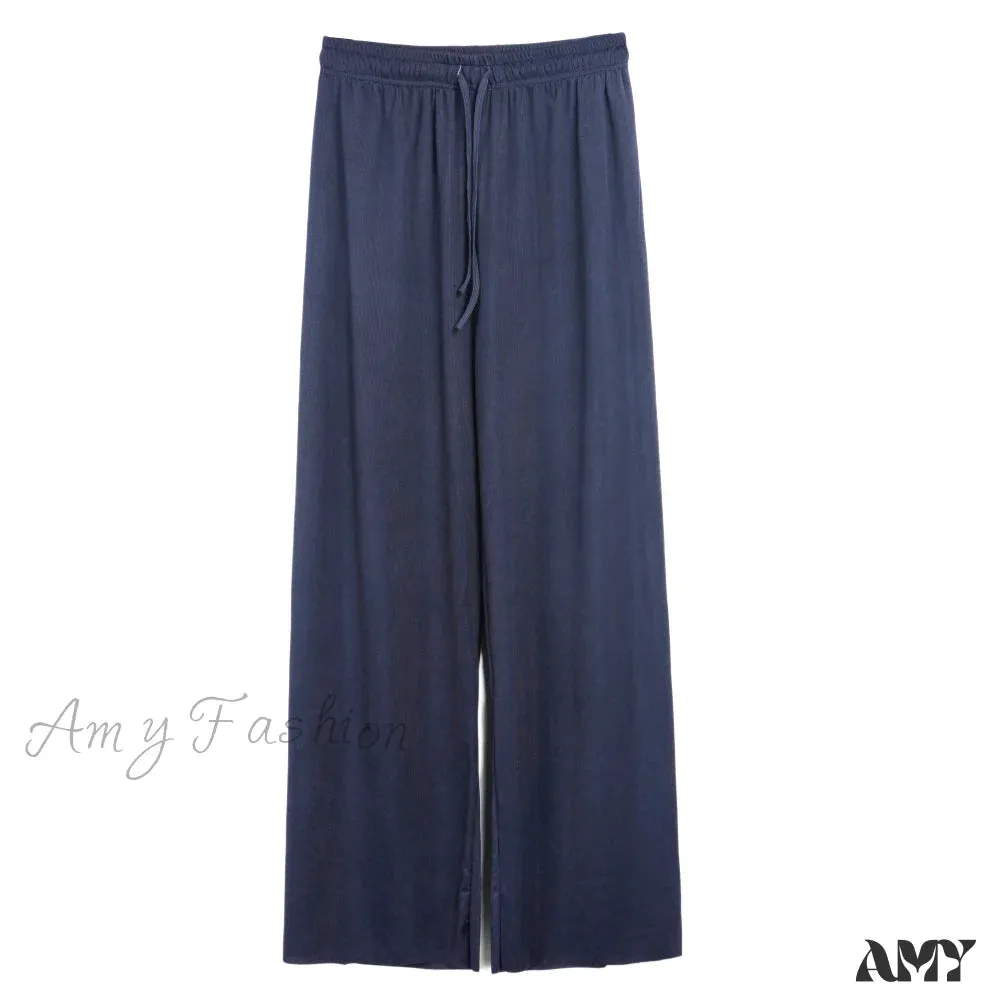 Amy Fashion - New Ladies Ice Silk Light Wide Leg Trousers