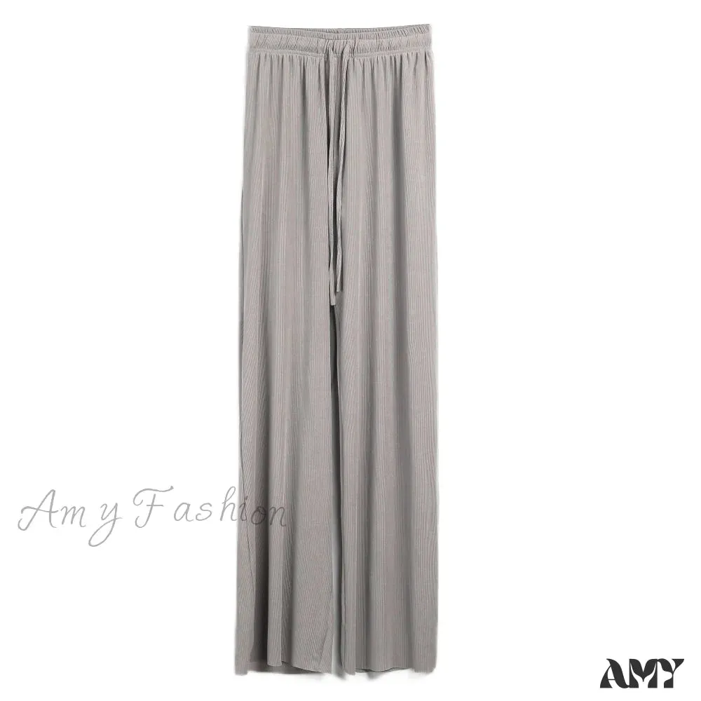 Amy Fashion - New Ladies Ice Silk Light Wide Leg Trousers
