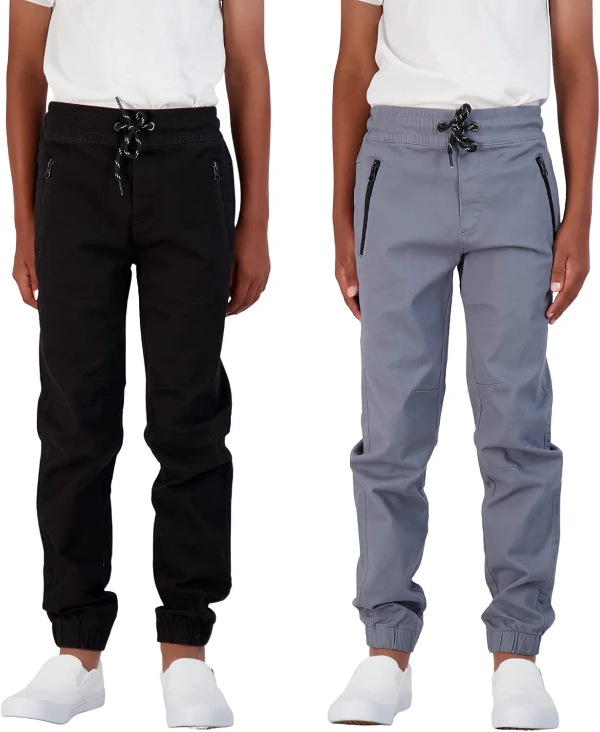 Boys 2-Pack Twill Jogger Pants with Zipper Pockets Pull on Pants for Kids