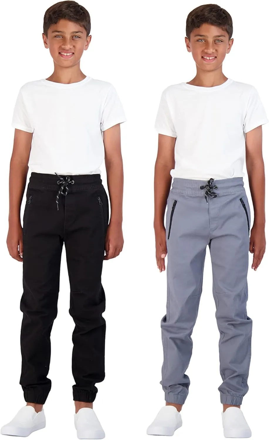 Boys 2-Pack Twill Jogger Pants with Zipper Pockets Pull on Pants for Kids