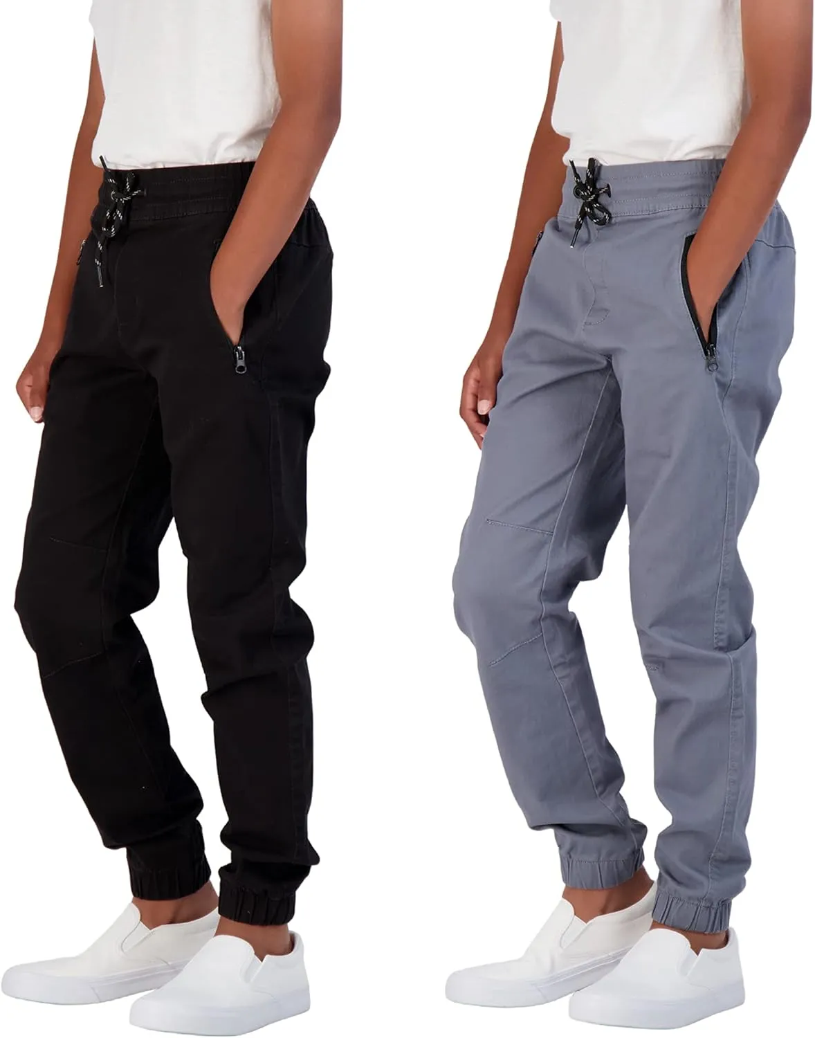 Boys 2-Pack Twill Jogger Pants with Zipper Pockets Pull on Pants for Kids