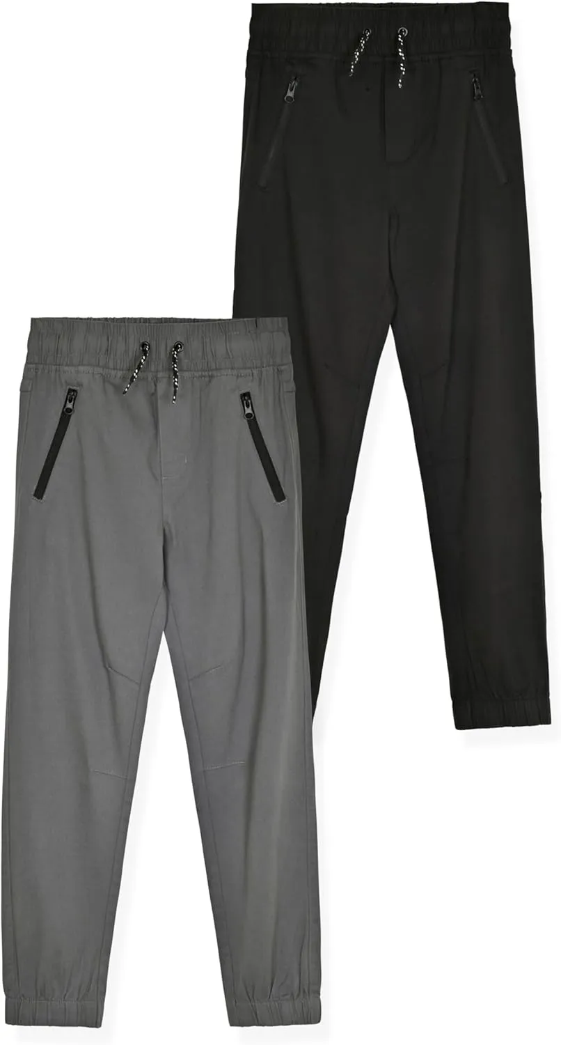 Boys 2-Pack Twill Jogger Pants with Zipper Pockets Pull on Pants for Kids
