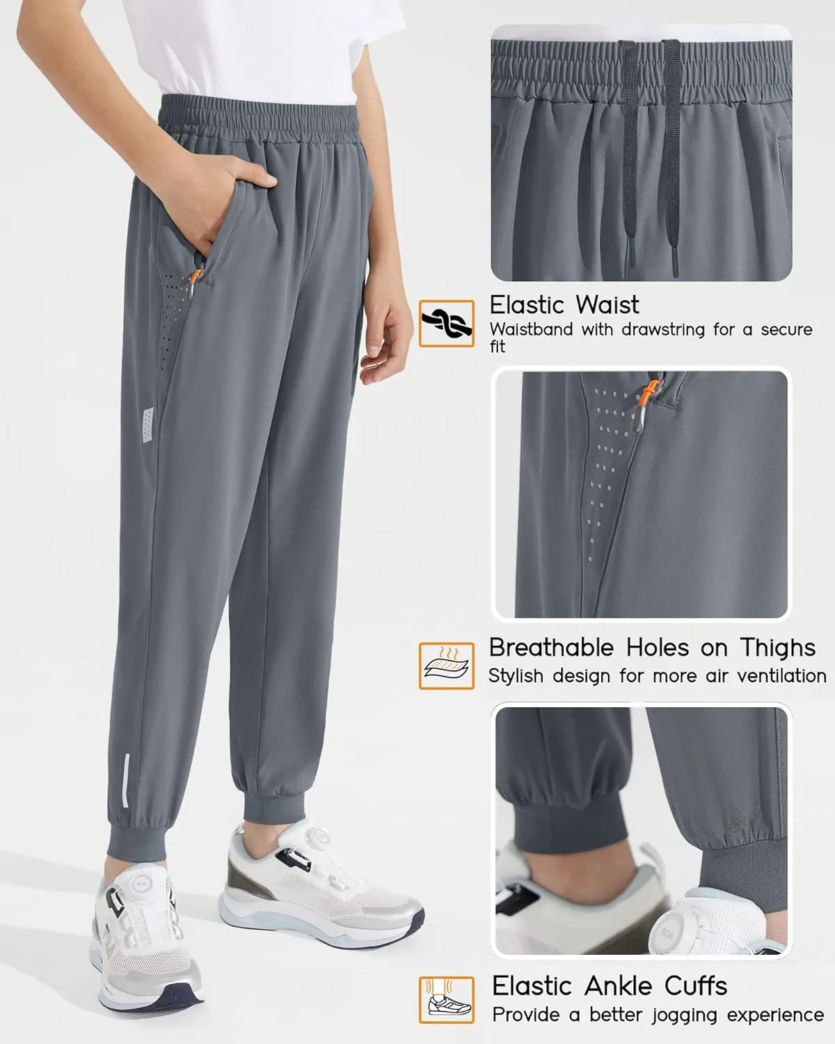 Boys Lightweight Jogger Pants Youth Kids Quick Dry Hiking Pants Active Athletic Pants with Zipper Pockets