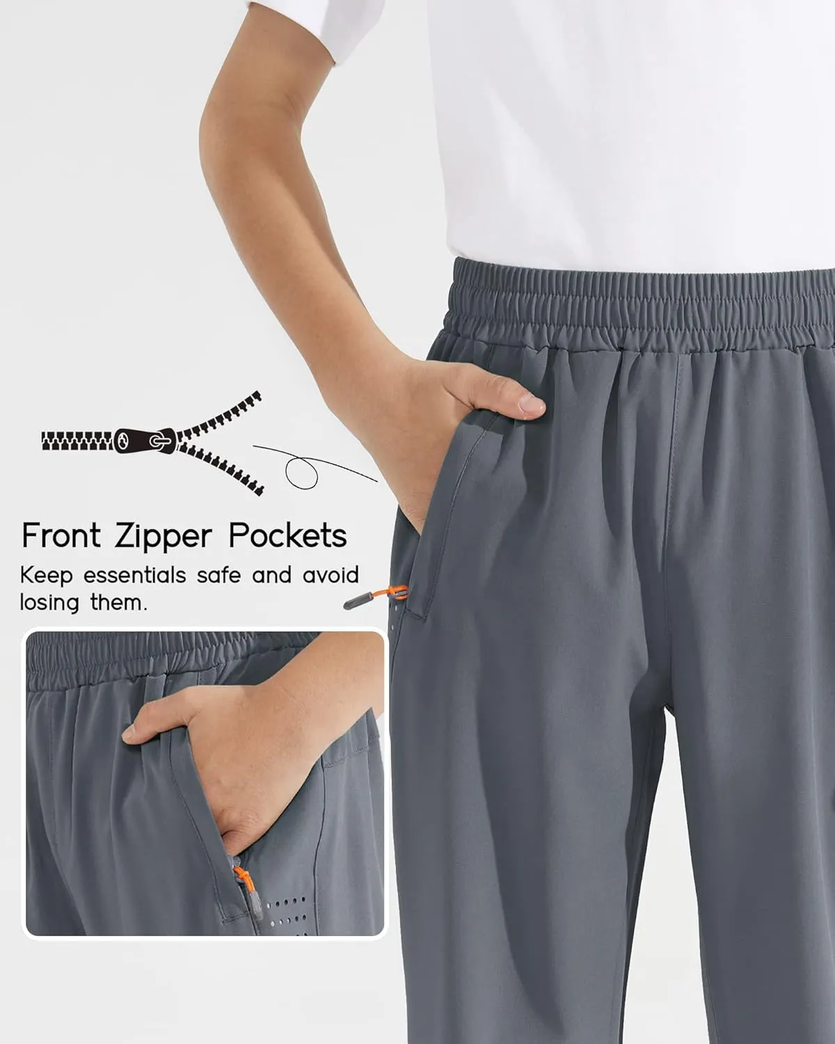 Boys Lightweight Jogger Pants Youth Kids Quick Dry Hiking Pants Active Athletic Pants with Zipper Pockets