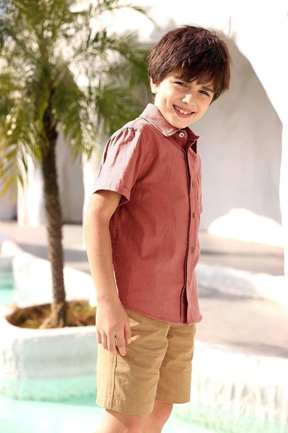Boys' Long Sleeve Dress Shirts Classic Collared Button-Down Tshirt Solid Cotton Top with Chest Pocket