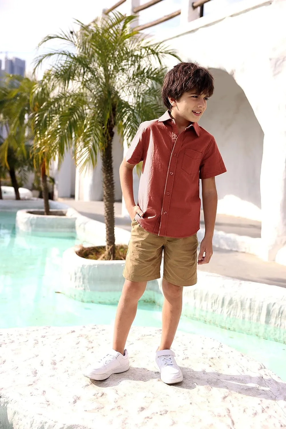 Boys' Long Sleeve Dress Shirts Classic Collared Button-Down Tshirt Solid Cotton Top with Chest Pocket