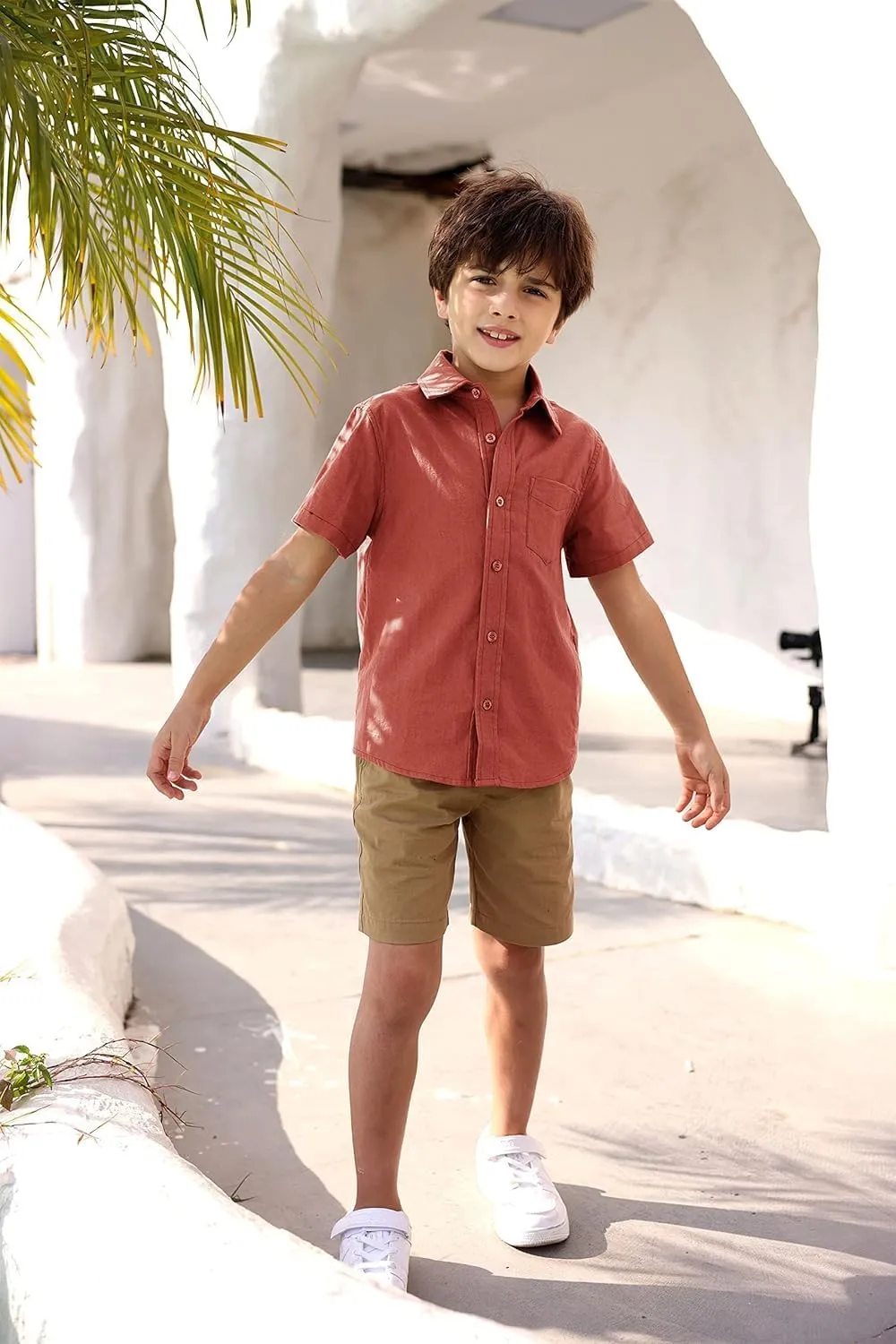 Boys' Long Sleeve Dress Shirts Classic Collared Button-Down Tshirt Solid Cotton Top with Chest Pocket
