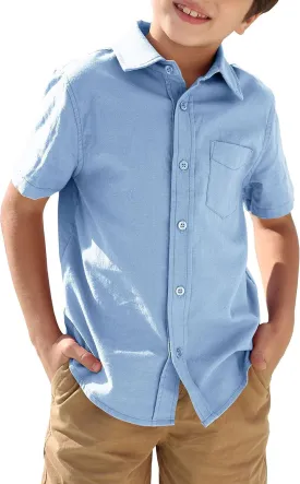 Boys' Long Sleeve Dress Shirts Classic Collared Button-Down Tshirt Solid Cotton Top with Chest Pocket