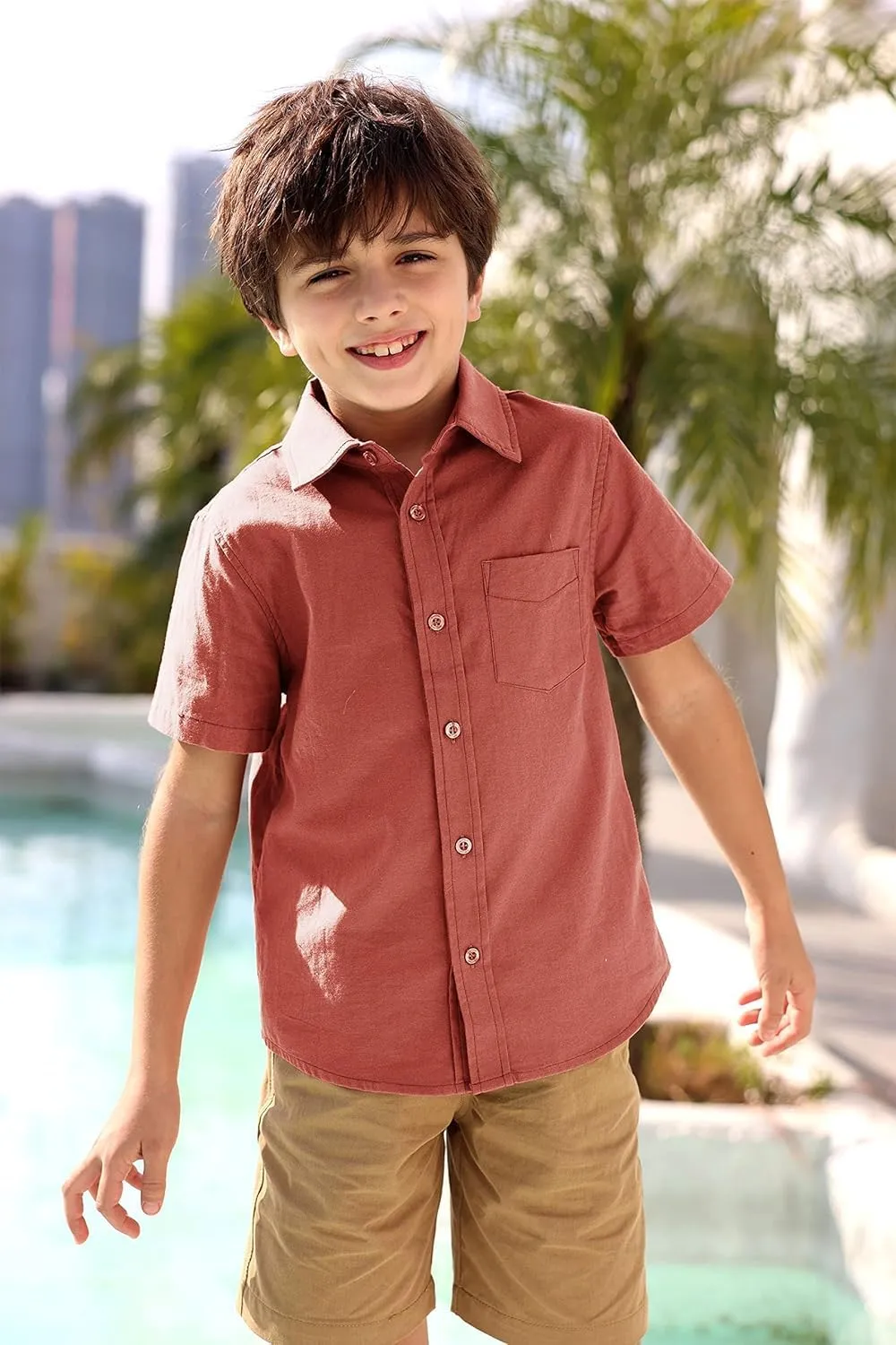 Boys' Long Sleeve Dress Shirts Classic Collared Button-Down Tshirt Solid Cotton Top with Chest Pocket