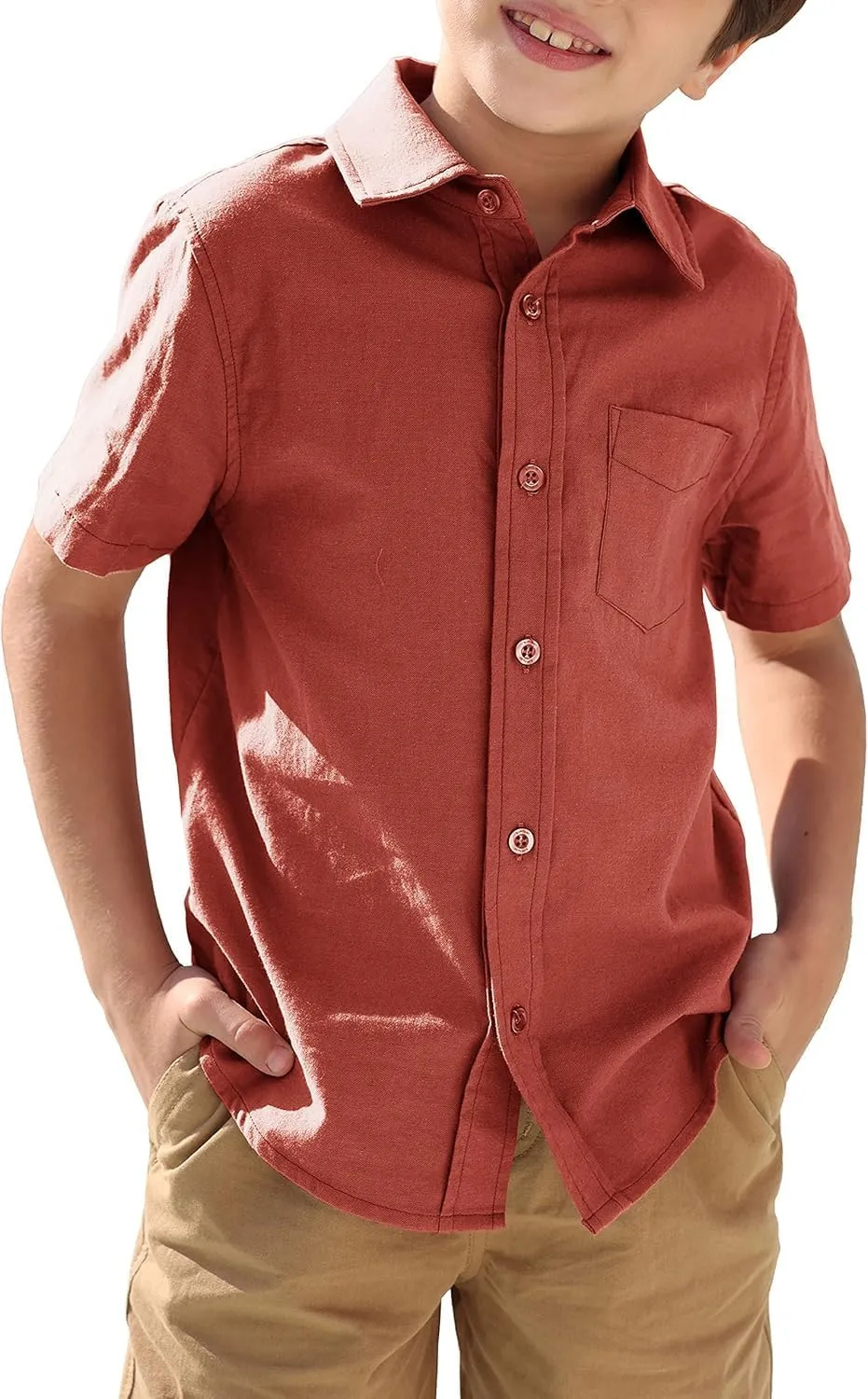 Boys' Long Sleeve Dress Shirts Classic Collared Button-Down Tshirt Solid Cotton Top with Chest Pocket