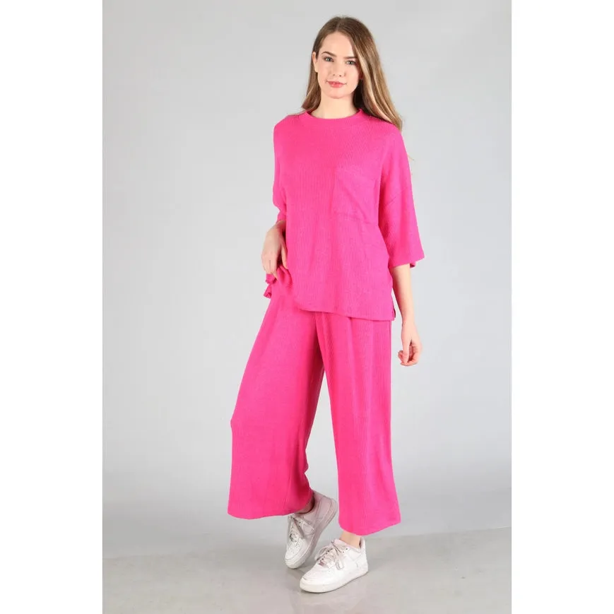 Brushed Wide Leg Pants Hot Pink