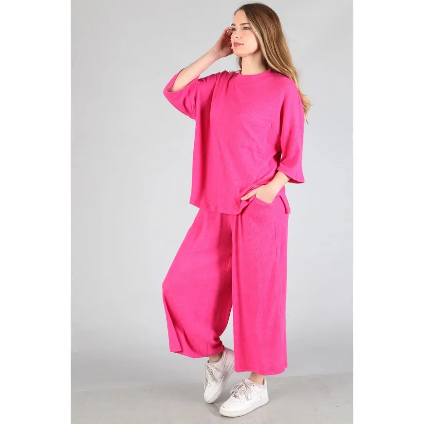 Brushed Wide Leg Pants Hot Pink