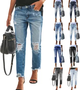 Capri Jeans for Women Stretchy Mid Rise Ripped Jeans Straight Leg Cropped Jean Raw Hem Distressed Denim Capri Pants