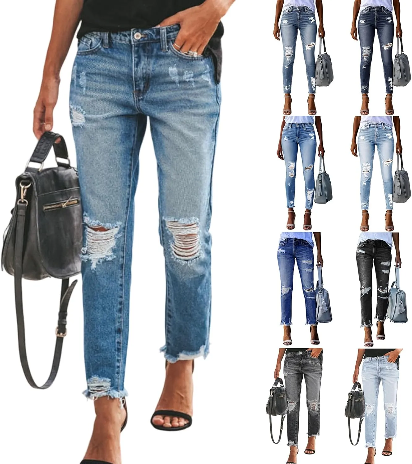 Capri Jeans for Women Stretchy Mid Rise Ripped Jeans Straight Leg Cropped Jean Raw Hem Distressed Denim Capri Pants