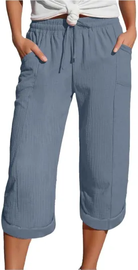 Capri Pants for Women High Waisted Drawstring Wide Leg Linen Beach Cropped Pant Summer Casual Baggy Lightweight Capris