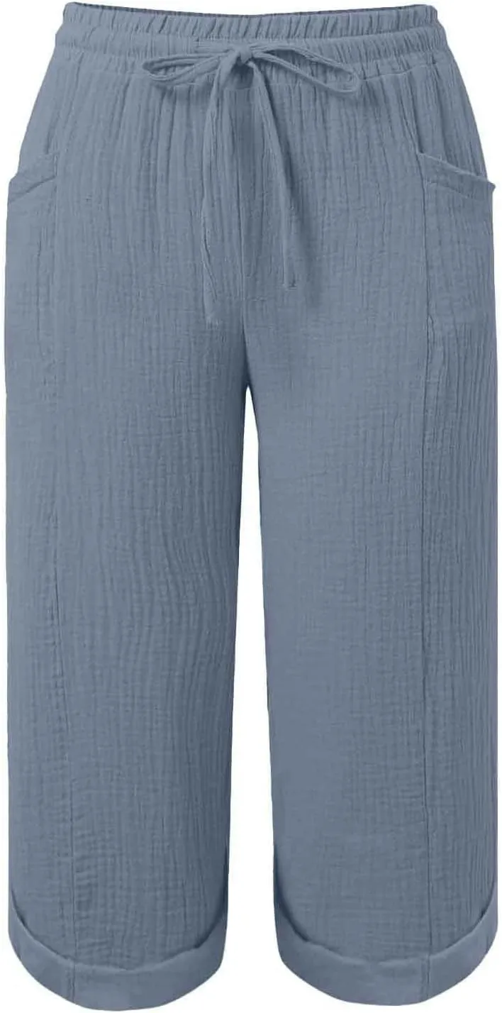 Capri Pants for Women High Waisted Drawstring Wide Leg Linen Beach Cropped Pant Summer Casual Baggy Lightweight Capris