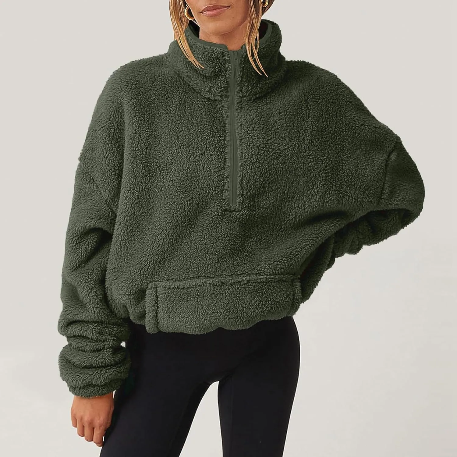 Cropped Half Zip Pullover Women Comfy Warm Sherpa Fleece Sweatshirt No Hood Quarter Zip Sweater with Pockets