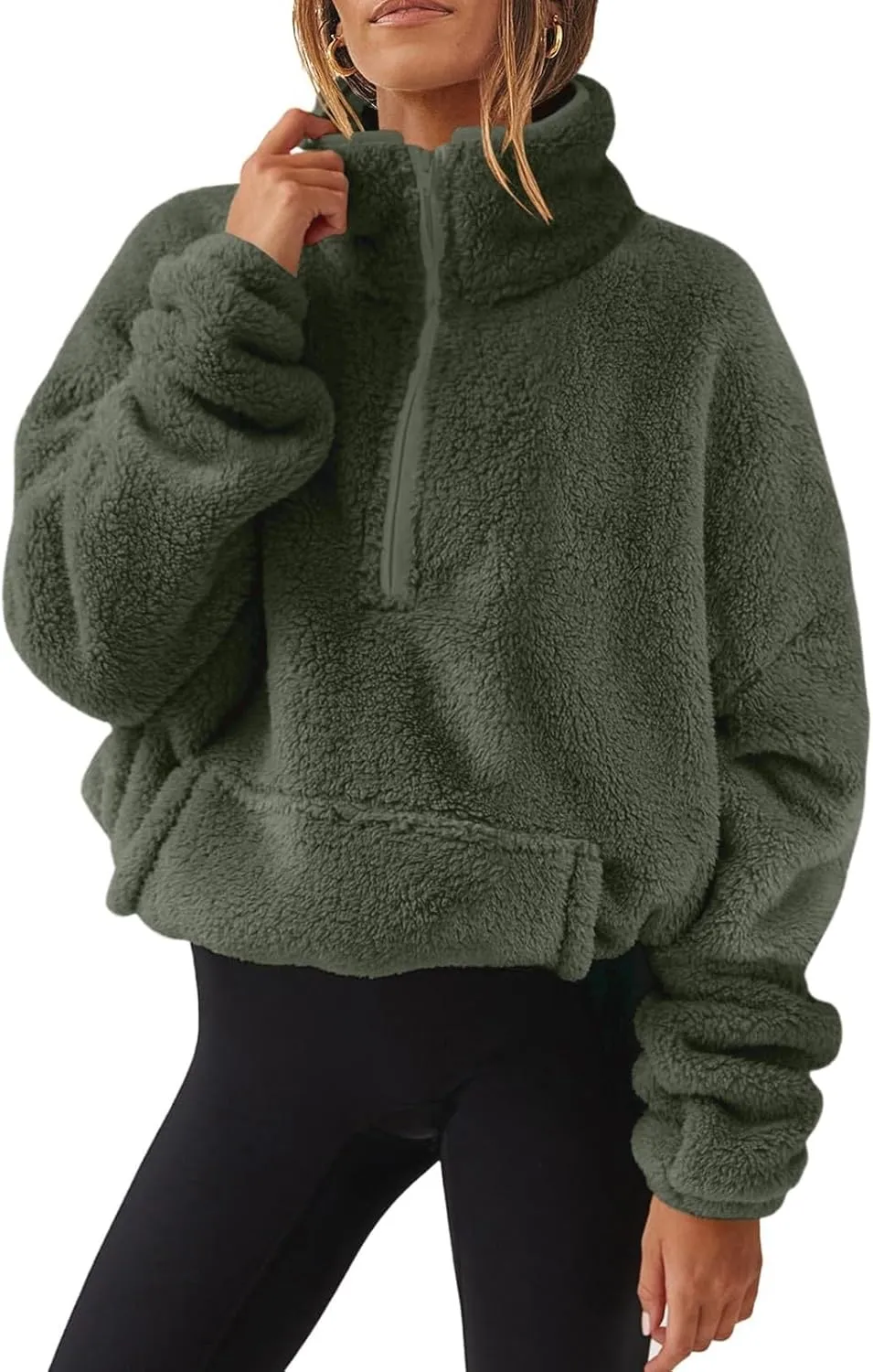 Cropped Half Zip Pullover Women Comfy Warm Sherpa Fleece Sweatshirt No Hood Quarter Zip Sweater with Pockets