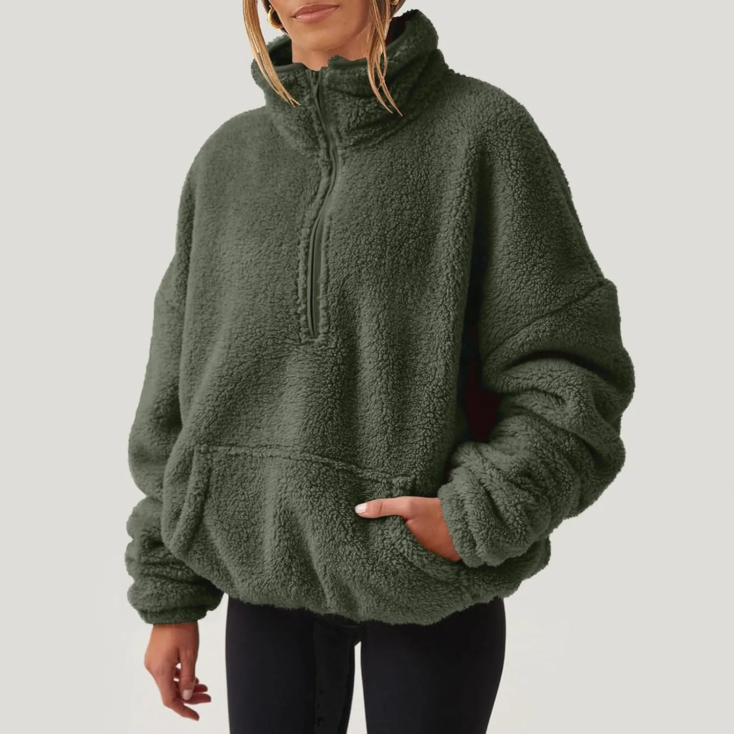 Cropped Half Zip Pullover Women Comfy Warm Sherpa Fleece Sweatshirt No Hood Quarter Zip Sweater with Pockets