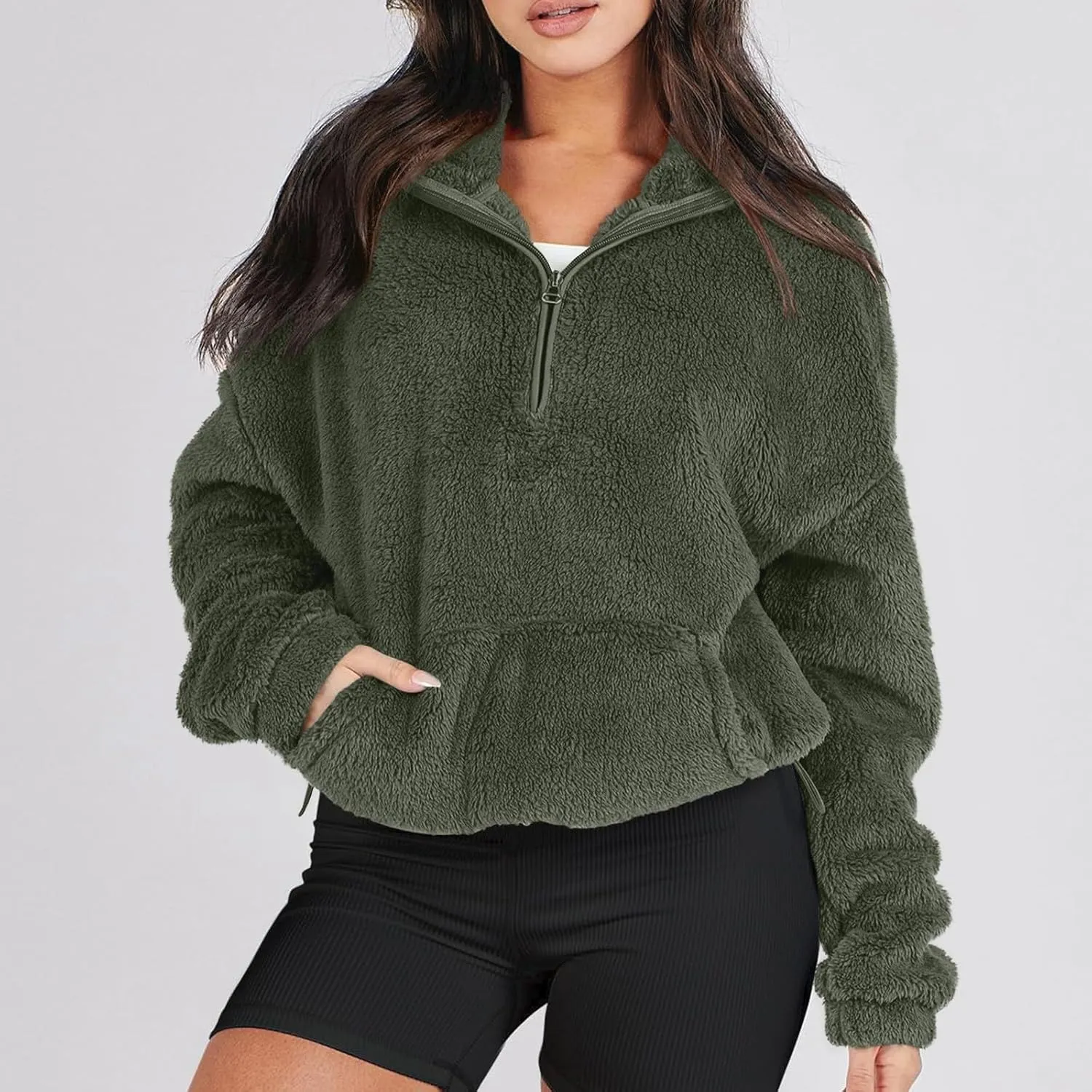 Cropped Half Zip Pullover Women Comfy Warm Sherpa Fleece Sweatshirt No Hood Quarter Zip Sweater with Pockets