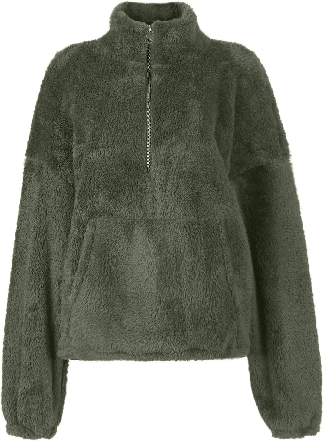 Cropped Half Zip Pullover Women Comfy Warm Sherpa Fleece Sweatshirt No Hood Quarter Zip Sweater with Pockets