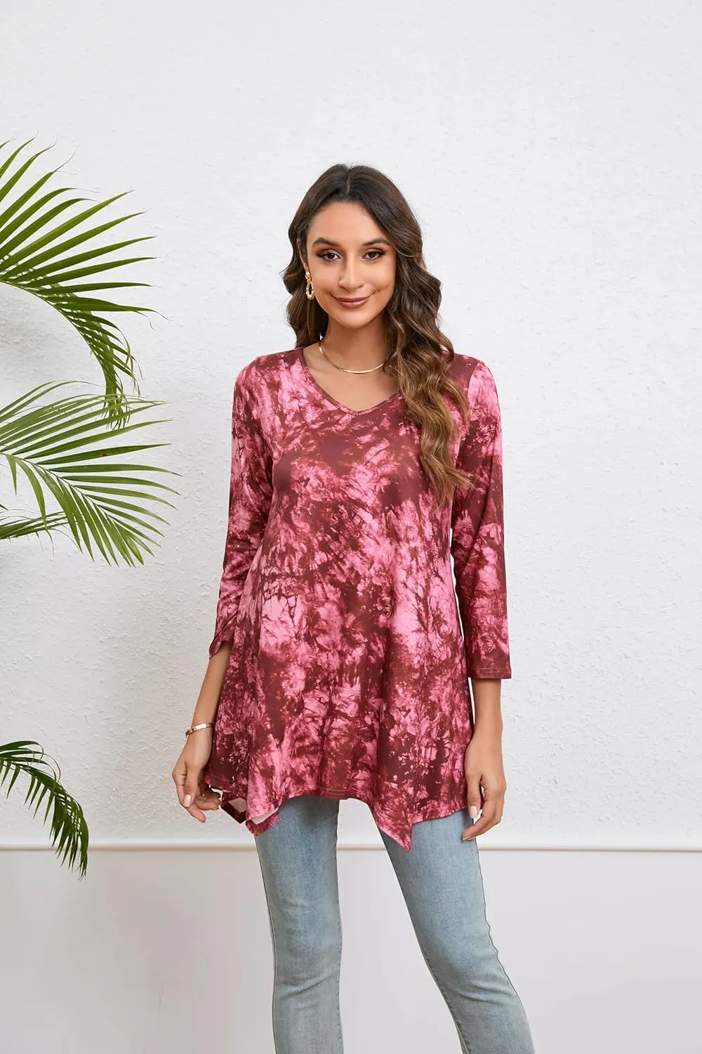 ENMAIN Women's Tunic Top 3/4 Sleeve Plus Size Tunic Tops to Wear with Leggings Ladies Casual Swing Dressy Blouses