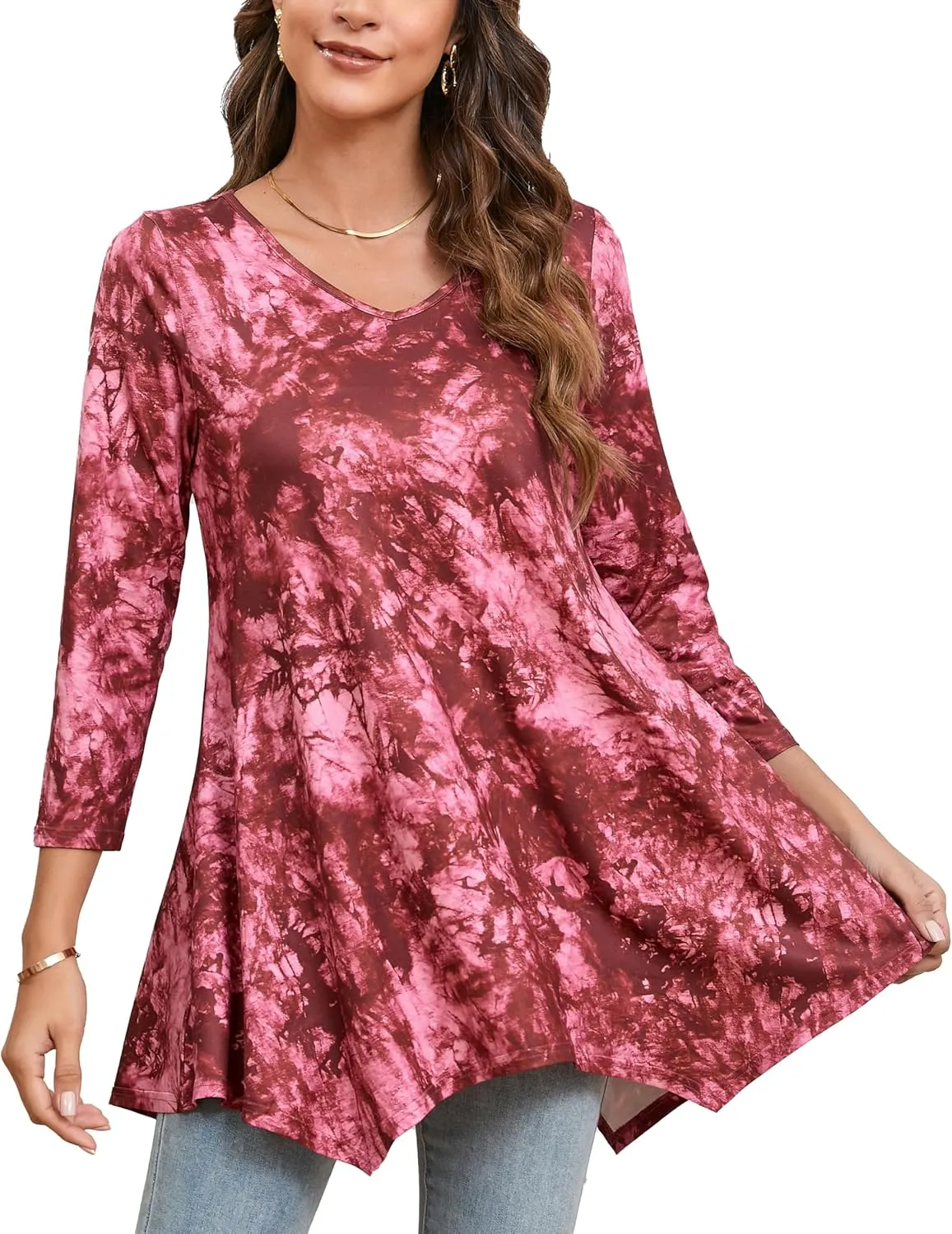 ENMAIN Women's Tunic Top 3/4 Sleeve Plus Size Tunic Tops to Wear with Leggings Ladies Casual Swing Dressy Blouses