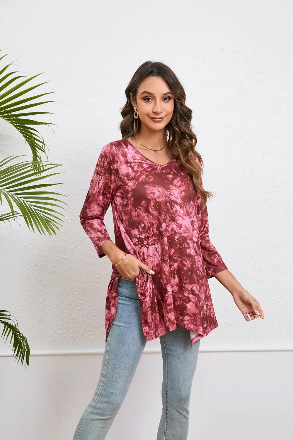 ENMAIN Women's Tunic Top 3/4 Sleeve Plus Size Tunic Tops to Wear with Leggings Ladies Casual Swing Dressy Blouses