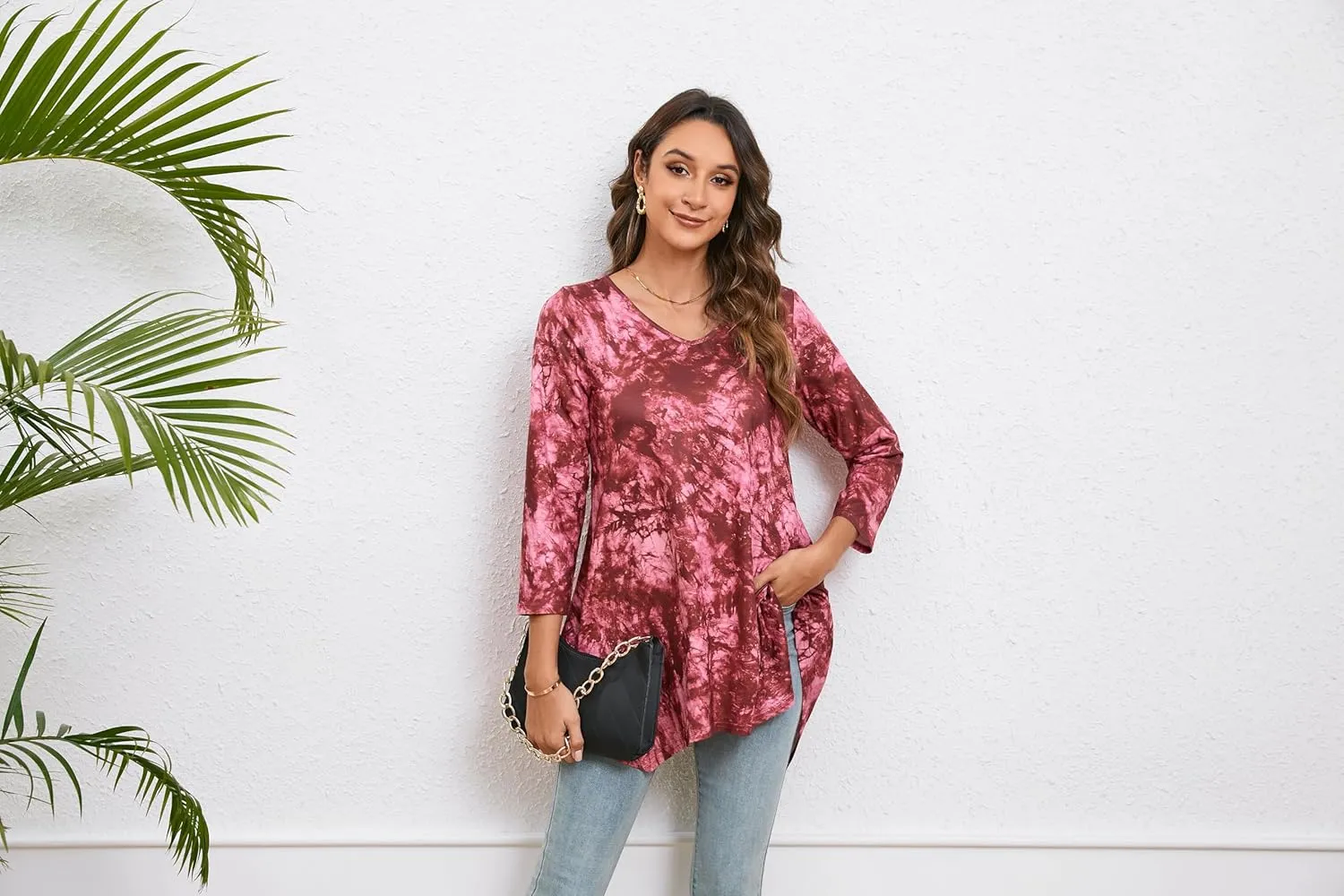 ENMAIN Women's Tunic Top 3/4 Sleeve Plus Size Tunic Tops to Wear with Leggings Ladies Casual Swing Dressy Blouses