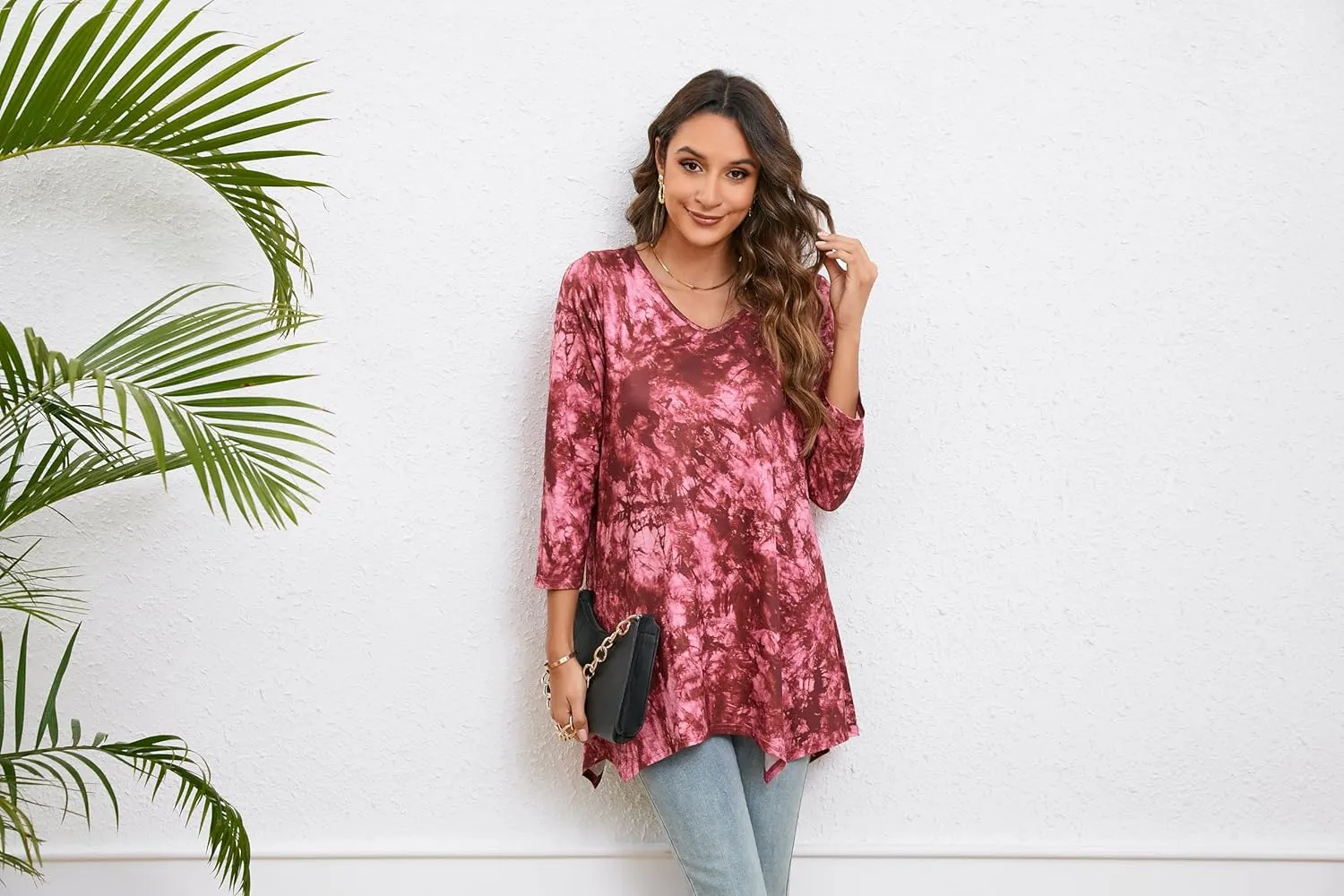 ENMAIN Women's Tunic Top 3/4 Sleeve Plus Size Tunic Tops to Wear with Leggings Ladies Casual Swing Dressy Blouses