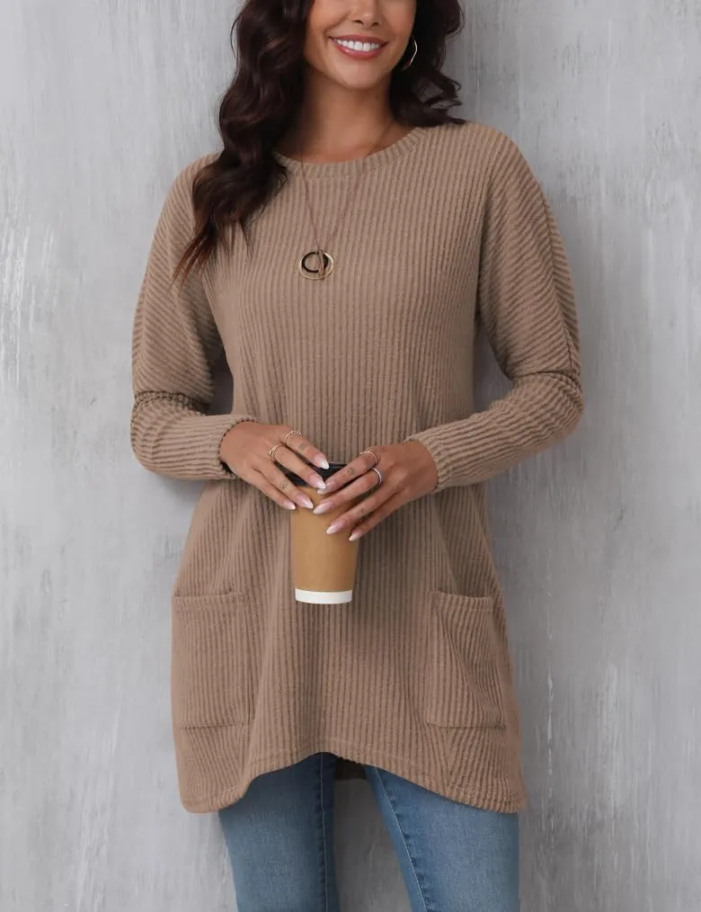 Esoluna Tunic Sweaters for Women to Wear with Leggings Long Sleeve Ribbed Crewneck Loose Casual Long Shirts W/Pockets