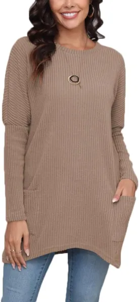 Esoluna Tunic Sweaters for Women to Wear with Leggings Long Sleeve Ribbed Crewneck Loose Casual Long Shirts W/Pockets