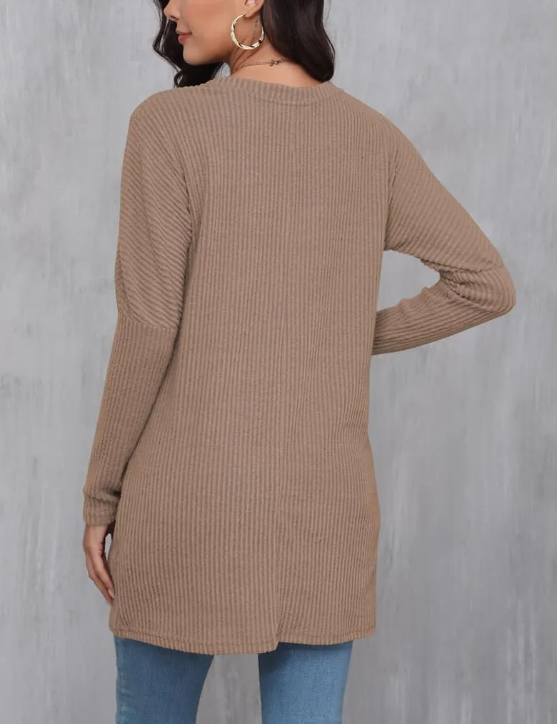 Esoluna Tunic Sweaters for Women to Wear with Leggings Long Sleeve Ribbed Crewneck Loose Casual Long Shirts W/Pockets