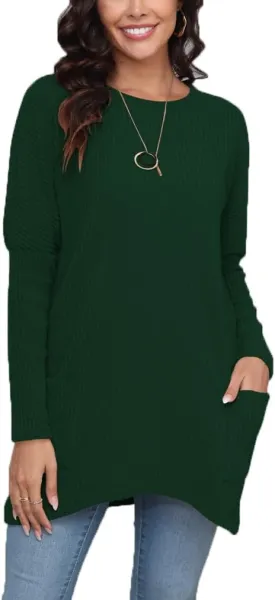 Esoluna Tunic Sweaters for Women to Wear with Leggings Long Sleeve Ribbed Crewneck Loose Casual Long Shirts W/Pockets