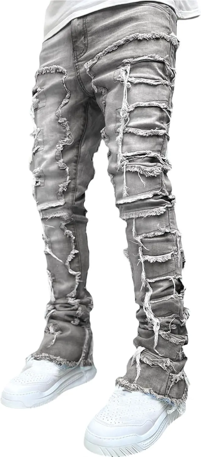 FantasyGears Mens Stacked Ripped Jeans Y2k Distressed Denim Pants Skinny Slim Fit Stretch Biker Jeans