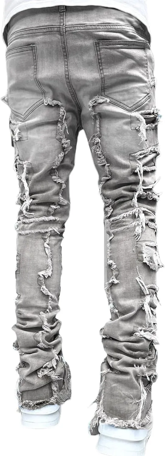 FantasyGears Mens Stacked Ripped Jeans Y2k Distressed Denim Pants Skinny Slim Fit Stretch Biker Jeans