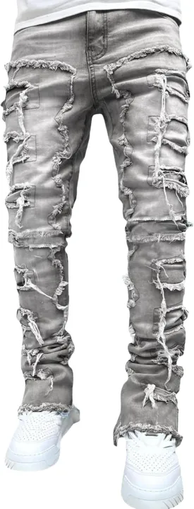 FantasyGears Mens Stacked Ripped Jeans Y2k Distressed Denim Pants Skinny Slim Fit Stretch Biker Jeans