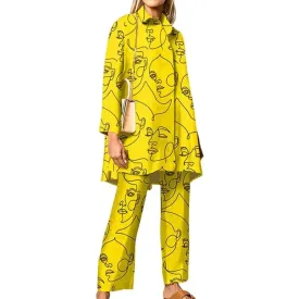 Fashion Geometric Print Long Sleeve Suits Women Turn-down Collar Shirt and Wide Leg Pants Two-piece Sets Office Lady Overalls 5PRRVN