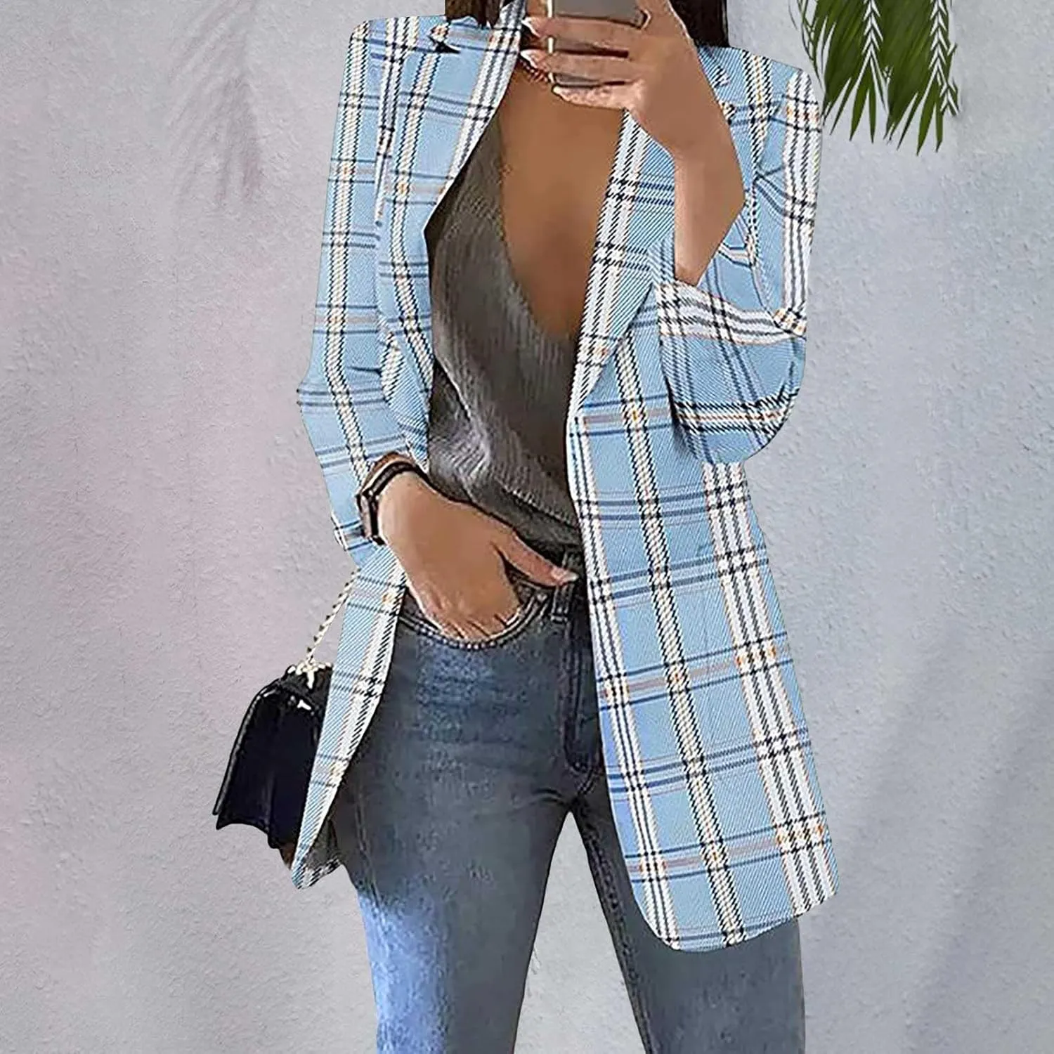 Fashion Plaid Blazer for Women Casual Lapel Collared Work Office Suit Jacket with Pockets Cozy Slim Fit Business Coat
