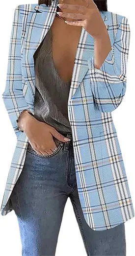 Fashion Plaid Blazer for Women Casual Lapel Collared Work Office Suit Jacket with Pockets Cozy Slim Fit Business Coat