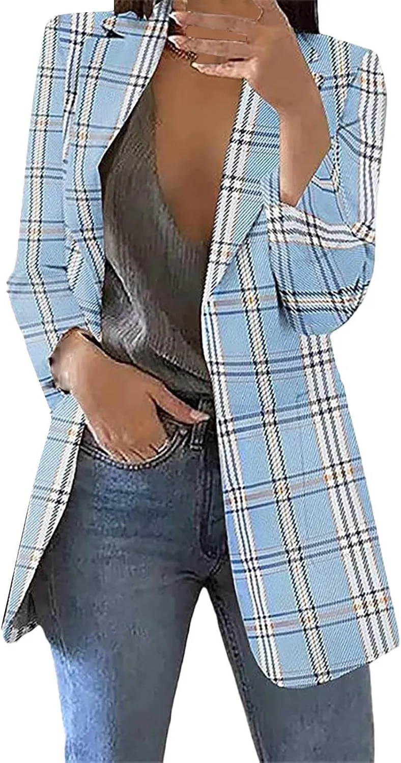 Fashion Plaid Blazer for Women Casual Lapel Collared Work Office Suit Jacket with Pockets Cozy Slim Fit Business Coat