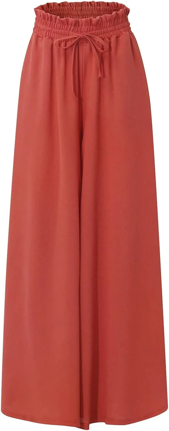 Flowy Wide Leg Pants for Women Ladies Chiffon High Waisted Palazzo Pants Comfy Paperbag Beach Pants with Pockets