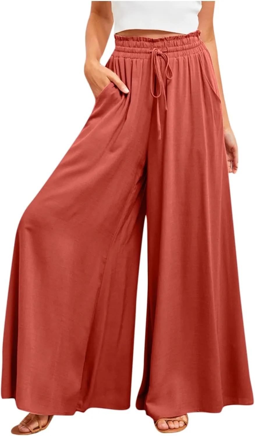 Flowy Wide Leg Pants for Women Ladies Chiffon High Waisted Palazzo Pants Comfy Paperbag Beach Pants with Pockets