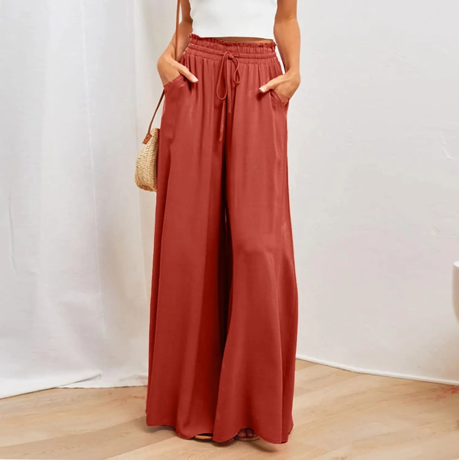 Flowy Wide Leg Pants for Women Ladies Chiffon High Waisted Palazzo Pants Comfy Paperbag Beach Pants with Pockets
